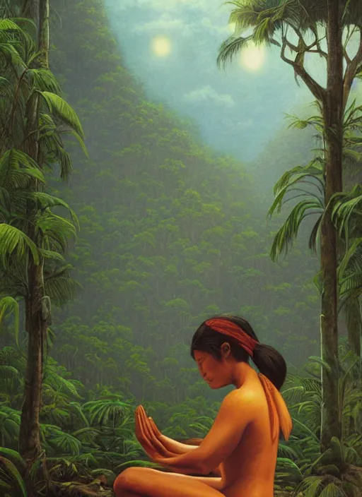 Image similar to an indigenous woman meditating in the amazon jungle, gazing at the water, highly detailed, art by christophe vacher