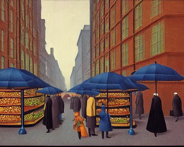 Prompt: street with food stands in a cyberpunk city on a rainy melancholy night by rene magritte