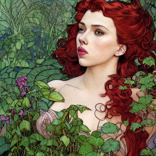 Prompt: a stunning matte portrait of a thicc and voluptuous scarlett johansson dressed as a beautiful poison ivy walking through a flowering garden, greenhouse in the background, intricate, elegant, highly detailed, digital painting, artstation, concept art, sharp focus, illustration, byrebecca guay and arthur rackham and alphonse mucha and john william waterhouse, pixv