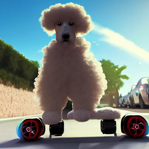 Prompt: fluffy poodle traveling on a hoverboard in las vegas, [ 4 k digital art ]!!, trending on cgsociety