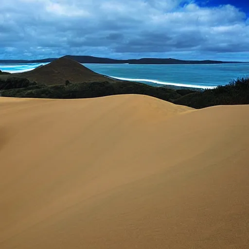 Prompt: sandtrails hokianga, spectacular land, sand and seascapes of the hokianga sand dunes & mitimit digital art, traditional maori