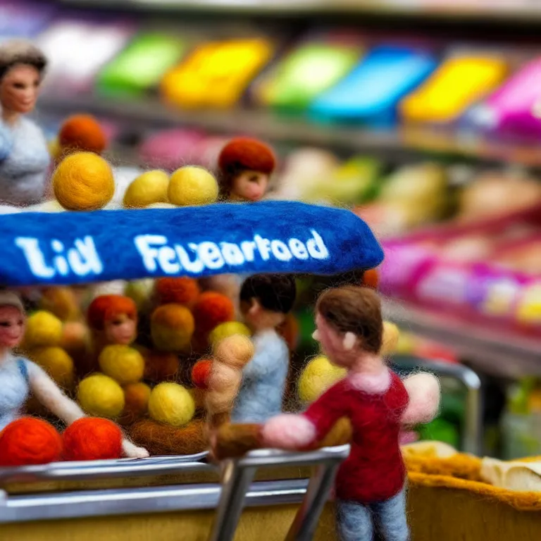 Prompt: needle felted person buying food at supermarket, highly detailed, tilt shift, cute, hyperrealism, highly textured, god rays