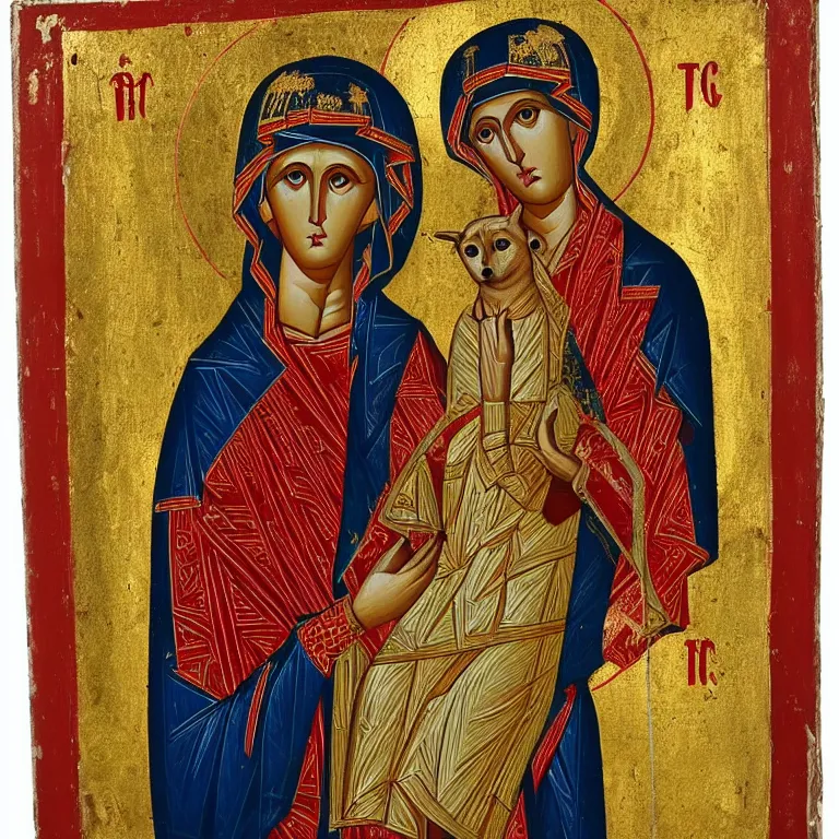 Image similar to byzantine icon depicting mary holding a divine shiba inu god