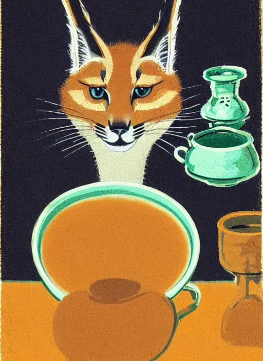 Prompt: an extreme close - up portrait of a cute fluffy caracal drinking tea, samovar, by billy childish, thick visible brush strokes, shadowy landscape painting in the background by beal gifford, vintage postcard illustration, minimalist cover art by mitchell hooks