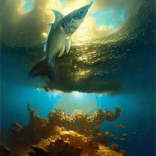 Image similar to point of view of deep in the ocean looking up, you see fishes, higher up you see very clearly the milk way illuminating the sea down bellow. highly detailed painting by gaston bussiere, greg rutkowski 8 k