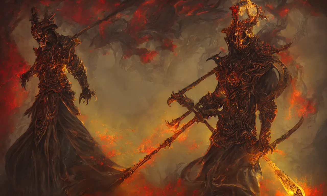 Prompt: breathtaking detailed soft painting of a grim reaper king with golden scythe, flowers intricated in bleeding meat, volumetric lighting, concept art, matte, sharp focus, art by celestialfang, matchach, juanmao, trending on artstation