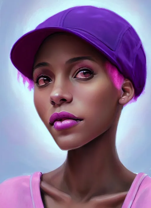 Image similar to portrait of vanessa morgan, black teenage girl, pink hair, wavy pixie haircut, purple newsboy cap, fluffy pink hair coming out from under cap, hoop earrings, subtle confident smile, intricate, elegant, glowing lights, highly detailed, digital painting, artstation, concept art, sharp focus, illustration, art by wlop, mars ravelo and greg rutkowski