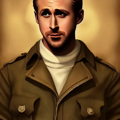 Prompt: Ryan Gosling Cinematic, a character study of the epic handsome male character wearing Pilot Uniform. character half body portrait, by,jc leyendecker, Ross Tran and WLOP, ARTSTATION, cgsociety, polycount, character design