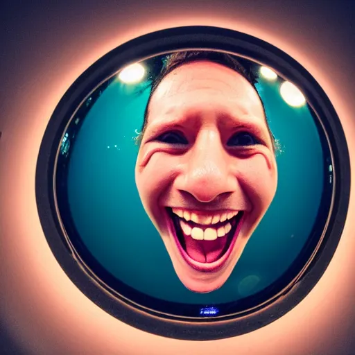Image similar to fish eye of a laughing person, close photo, dark lighting