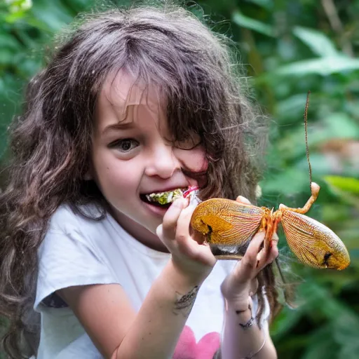 Image similar to portrait of very happy Rhianna eating gigantic bugs,