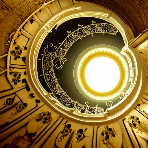 Prompt: big spiral stairways to heaven, inhabited on many levels, flying birds, shining light, strong perspective, clear geometry, architecture, glowing halo, fantasy, intricate, elegant, highly detailed, digital painting, artstation, concept art, smooth, sharp focus, art by anthony macbain + greg rutkowski + alphonse mucha, concept art, 4k, sharp focus, cinematic unreal engine