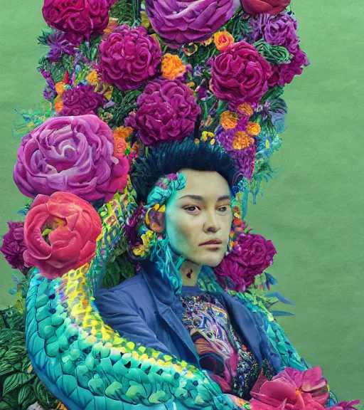 Image similar to portrait of quetzalcoatl, surrounded by flowers, by nan goldin, moebius, katsuhiro otomo, rococo, trending on artstation, muted lighting, hyper realism, octane render, 8 k, hyper detailed, ink by dave gibbons