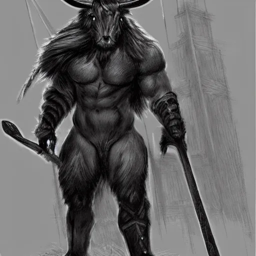 Prompt: a noble, fierce Minotaur warrior with black fur, carrying a battleaxe, fantasy drawing, concept design