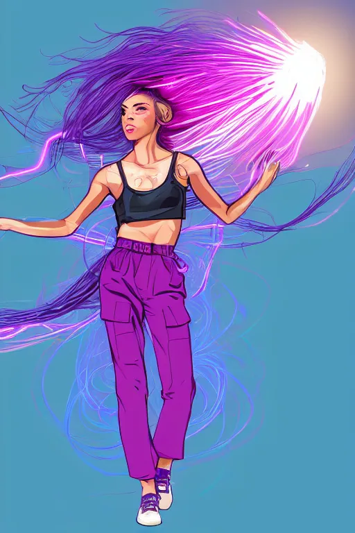 Image similar to a award winning half body portrait of a beautiful woman in a croptop and cargo pants with ombre purple pink teal hairstyle with head in motion and hair flying, surrounded by whirling illuminated lines, outrun, vaporware, shaded flat illustration, digital art, trending on artstation, highly detailed, fine detail, intricate