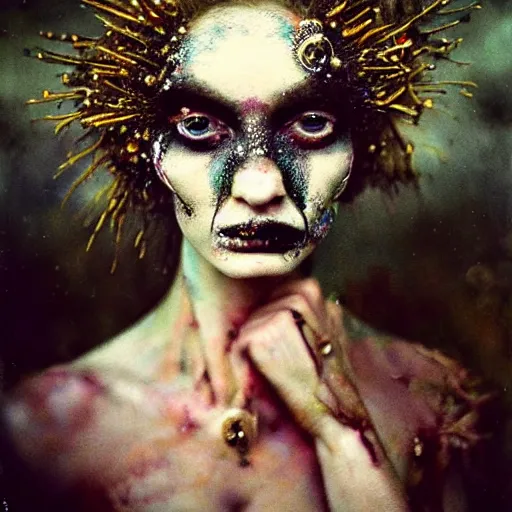 Image similar to kodak portra 4 0 0, wetplate, photo of a surreal artsy dream scene,, weird fashion, in the nature, highly detailed face, very beautiful model, portrait, expressive eyes, close up, extravagant dress, carneval, animal, wtf, photographed by paolo roversi style and julia hetta