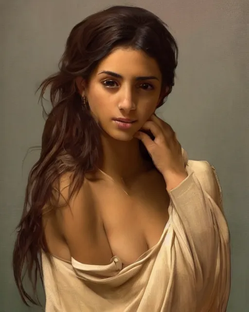 Prompt: a highly realistic, true to life portrait of a beautiful young middle eastern girl, sharp focus, from the waist up, with sharp features, a beautiful face, soft smile, under studio lighting, taken with a canon eos camera with 1 3 5 mm focal length, art by artgerm and greg rutkowski and alphonse mucha