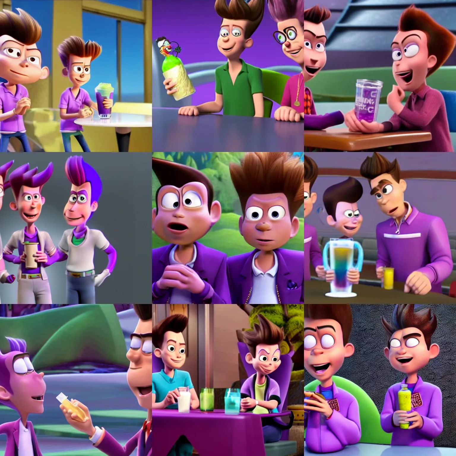 Prompt: Jimmy Neutron drinks Purple Flurp after Carl Wheezer and Sheen Estevez learn the dark secrets of his scientific endeavors, 3D rendering, television show screencap, gloomy