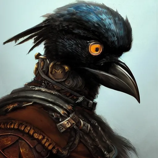 Prompt: a portrait of a crow sorcerer dressed with a leather armor, by justin gerard and jean baptiste monge, digital art, realistic painting, dnd, character design, trending on artstation