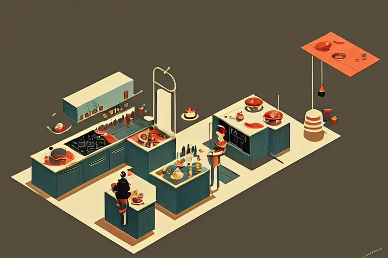 Prompt: editorial illustration of isometric kitchen mads berg christopher balaskas