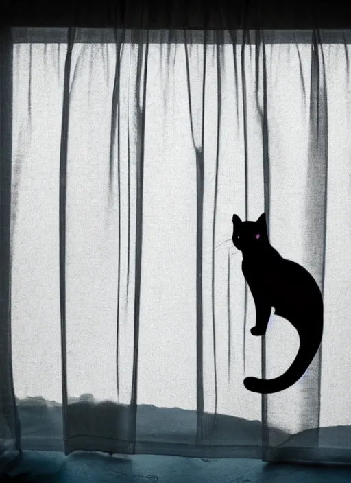 Prompt: a cat silhouette behind a transparent window curtain