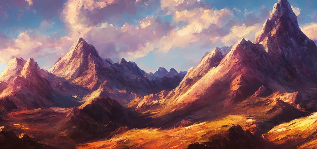 Image similar to mountain landscape, craggy mountains, panoramic, painting, color palette, beautiful sky, sharp peaks, soft foothills, artstation award, highly detailed