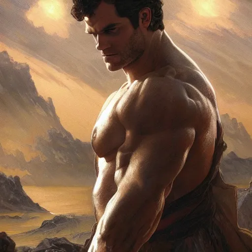 Image similar to portrait of henry cavill as a heavenly god, full body, muscular, fantasy, intricate, elegant, highly detailed, digital painting, artstation, concept art, matte, sharp focus, illustration, art by artgerm and greg rutkowski and alphonse mucha