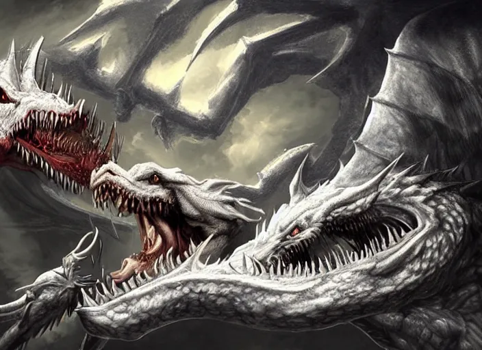 Prompt: a white dragon fighting a tyrannosaurus rex, intricately detailed, concept art