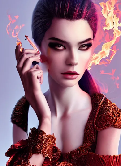 Image similar to 3d fashion portrait with fire, female, future, torch, flame, harper's bazaar, vogue, fashion magazine, intricate, concept art, close up, ornate, luxury, elite, elegant, trending on artstation, by ruan jia, by Kenneth Willardt, by ross tran, by WLOP, by Andrei Riabovitchev,