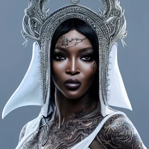 Image similar to an attractive young tattooed female with piercings wearing an white ornate metallic helmet, naomi campbell, olive skin, long dark hair, beautiful bone structure, intricate, elegant, highly detailed, digital painting, artstation, concept art, smooth, sharp focus, illustration, art by artgerm and greg rutkowski and alphonse mucha