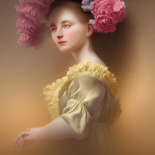 Image similar to 8k, octane render, realism, tonalism, renaissance, rococo, baroque, portrait of a young lady wearing ruffle sleeve dress with flowers and skulls looking to the side background chaotic gold leaf flowers