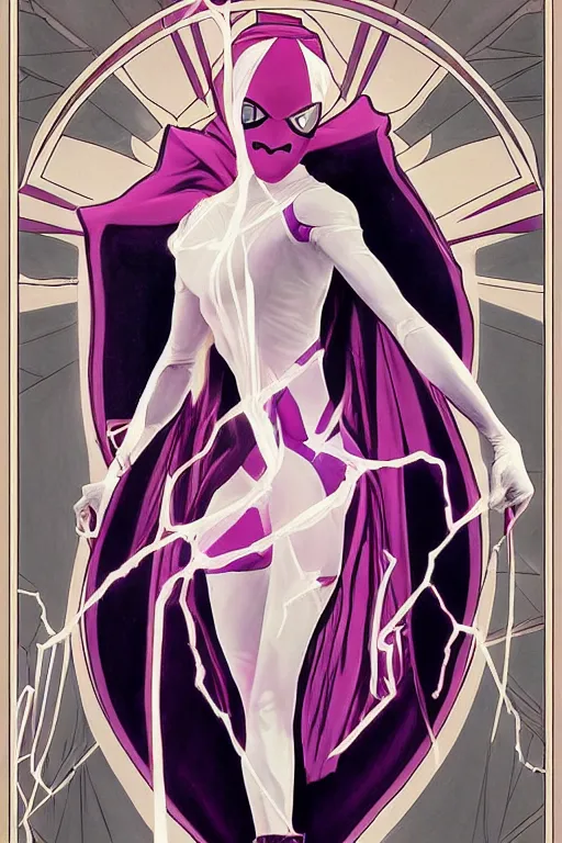Image similar to a dramatic ethereal epic painting of Spider-Gwen | tarot card, art deco, art nouveau, realistic | dramatic lighting | by Dresden Codak, by Mark Maggiori and Alphonse Mucha | trending on artstation