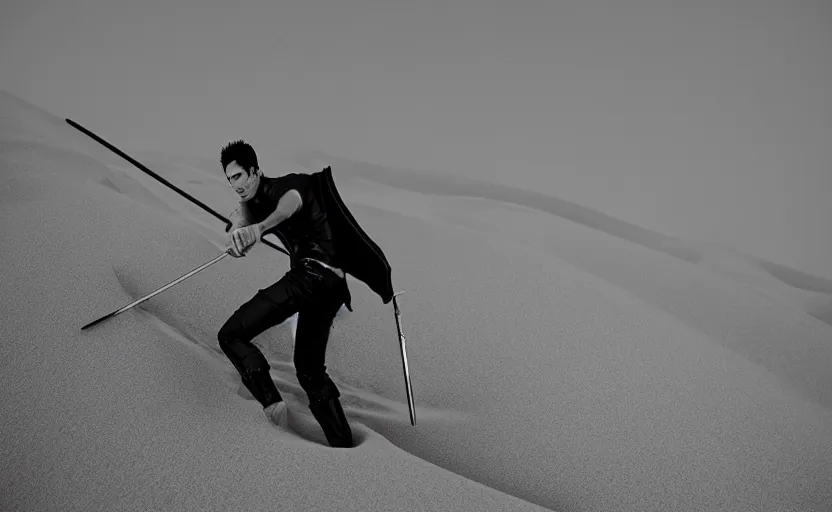 Prompt: roronoa zoro in sand dunes, photography