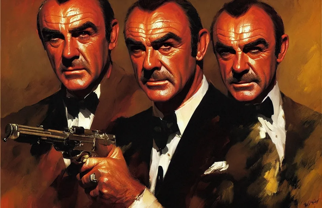 Image similar to portrait of sean connery as james bond!!!!!!!!!!!!!!!!!!!!!!!!!!!, detailed face, detailed painting, epic lighting, by ilya repin, phil hale and kent williams