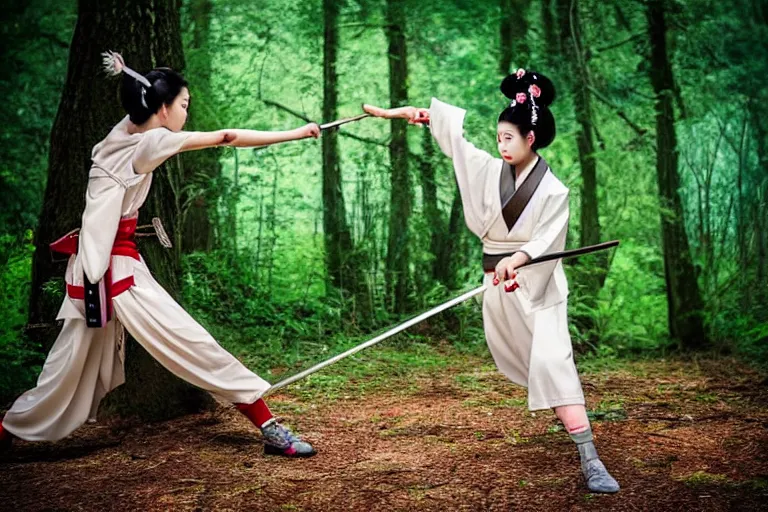 Image similar to beautiful photo of a young modern geisha samurai practising the sword in a forest, mid action swing, symmetrical face, beautiful eyes, huge oversized sword, award winning photo, muted pastels, action photography, 1 / 1 2 5 shutter speed, dramatic lighting, anime set style