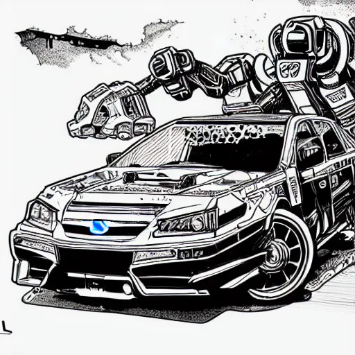 Image similar to beautiful detailed comic illustration of an evil robot mecha dinosaur destroying a subaru impreza cyberpunk, neon