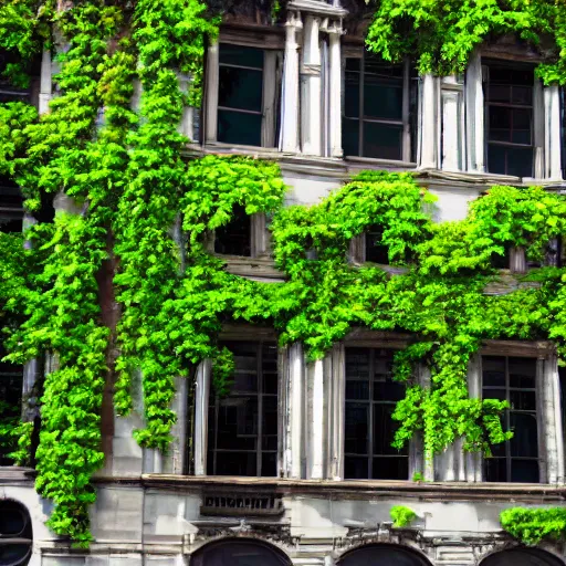 Prompt: hyperrealistic green foliage covering old buildings in some random city