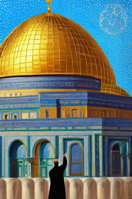 Image similar to a beautiful oil painting flyer design illustration of dome of the rock jerusalem and a man is praying to god in front of it, intricate, elegant, highly detailed, digital painting, artstation, concept art, smooth, sharp focus, illustration