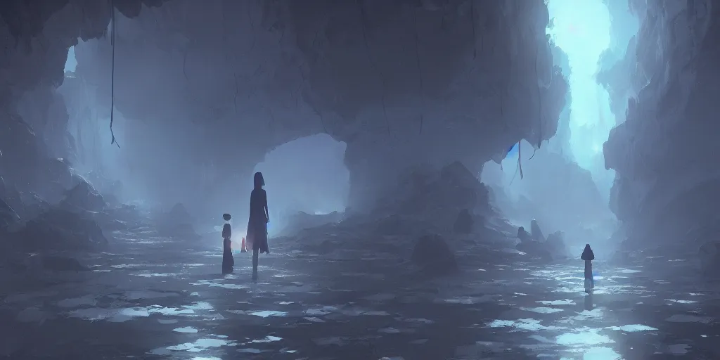 Image similar to an eerie deep and dark cave by makoto shinkai