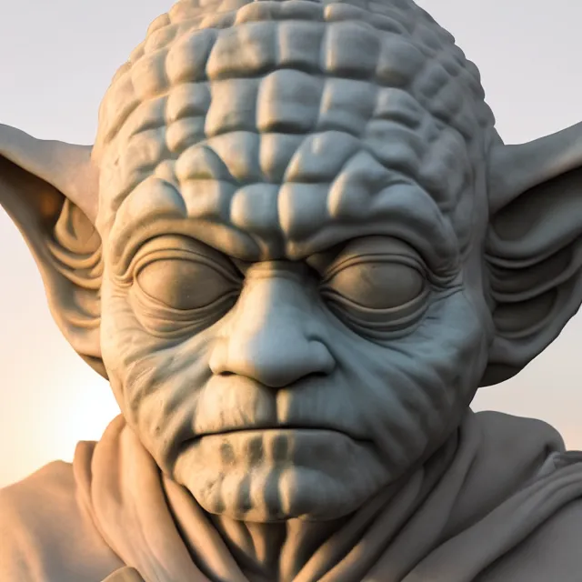 Image similar to White marble bust of Yoda by Michelangelo and Bernini, Star Wars, product shot, macro, museum, magical, enchanted, hyper realistic, orange sunlight, octane render, raytracing, trending on artstation, artstationHD, artstationHQ, unreal engine, 4k, 8k