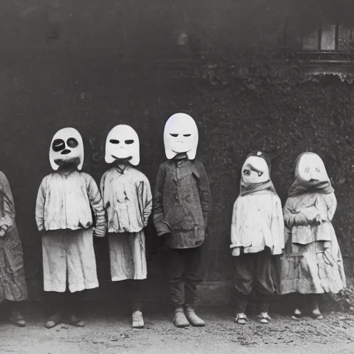 Image similar to portrait of children wearing masks, photograph, style of atget, 1 9 1 0, creepy, dark