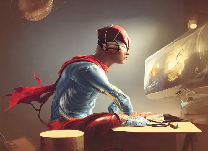 Image similar to an insanely detailed painting of an asian man wearing a homemade superhero costume, sitting at a desk, staring seriously at the computer and typing, in the style of peter mohrbacher, james jean, artgerm, dramatic lighting and composition, surreal background, octane render, pixar, trending on artstation, concept art, comic book, view from behind, 8 k