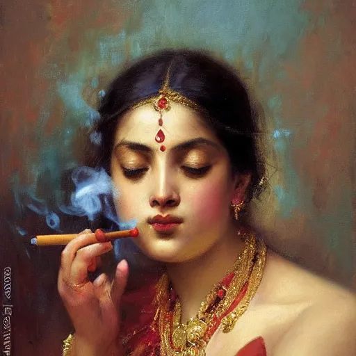 Image similar to detailed portrait of hindu traditional girl smoking joint i baroque painting, girl graceful, eyes closed, painting by gaston bussiere, craig mullins, j. c. leyendecker