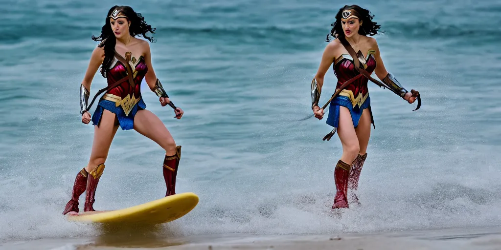 Image similar to gal gadot as wonder woman surfing on the north shore, 5 0 mm