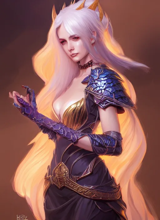 Image similar to dragon sorceress, wide angle view, white, black, blue, pink, gold, highly detailed, artgerm, cushart krenz, trending on artstation, soft light, sharp edges, illustration, character design, concept art