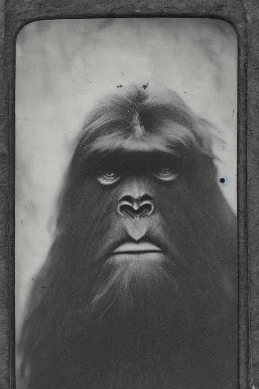 Image similar to a tintype photograph of an angry bigfoot