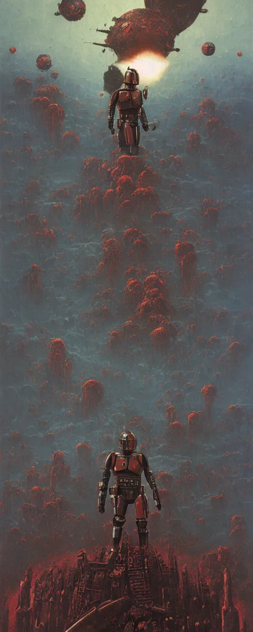 Prompt: mandalorian in a powerful pose by beksinski on background with destroyed planets and atomic bomb explosion, backlight