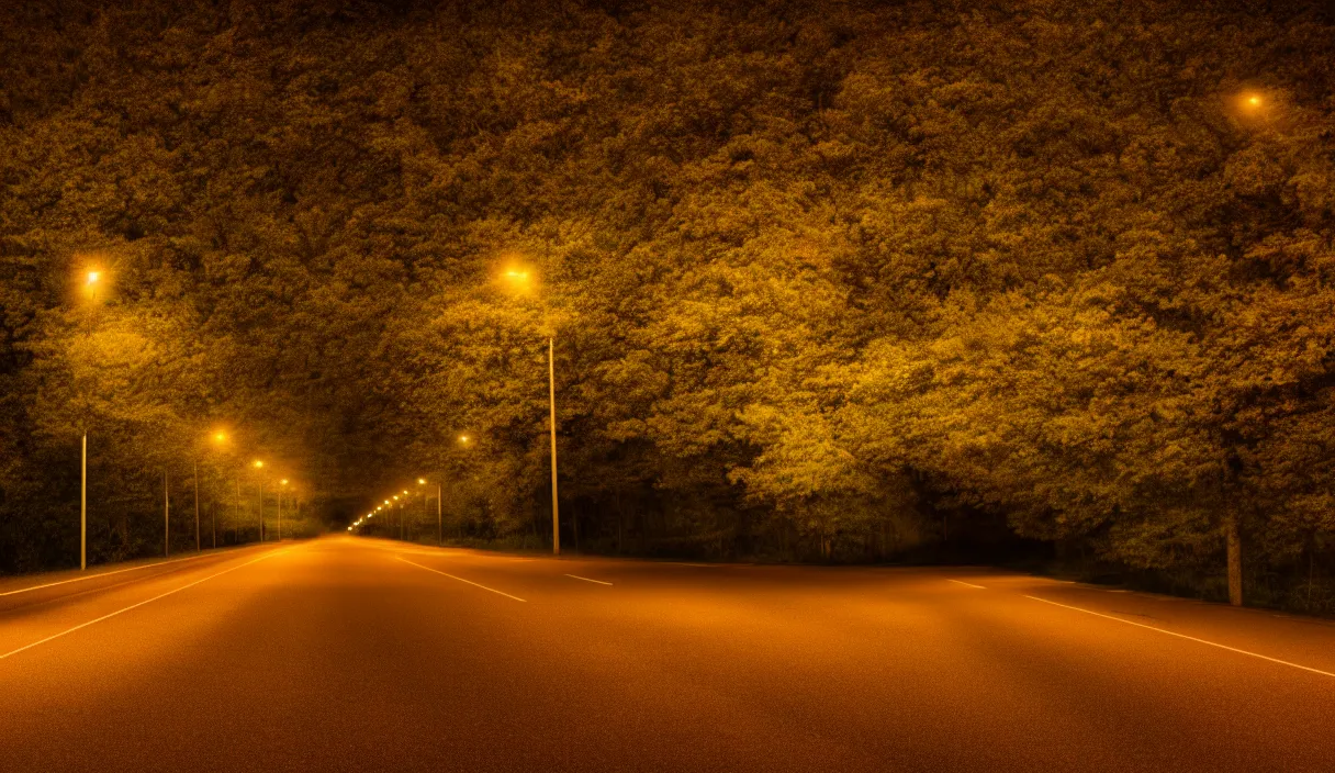 Image similar to at night, a large road extends into the distance, the leaves on both sides of the road are yellowed by the street lights, tranquility, film texture, super fine, 8 k