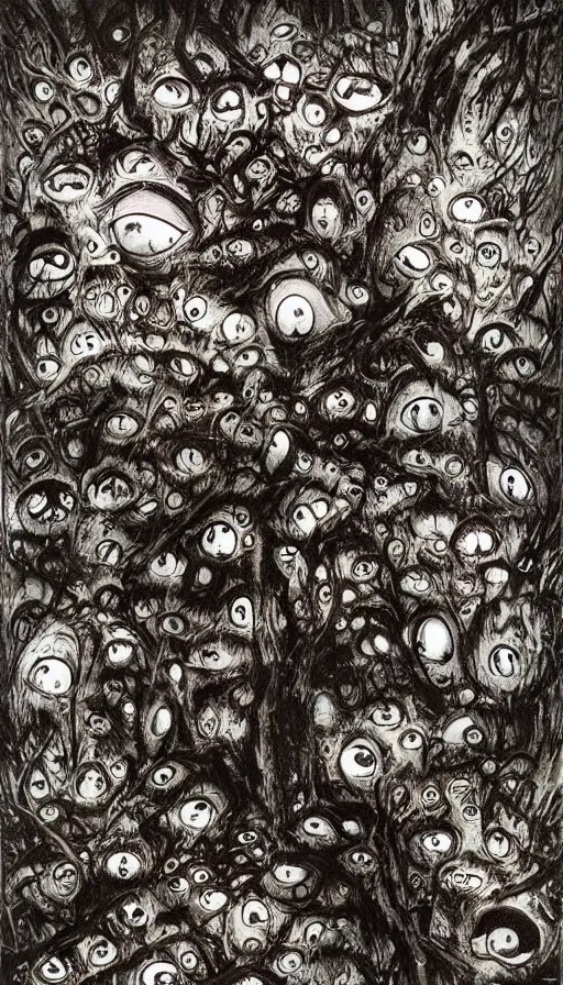 Prompt: a storm vortex made of many demonic eyes and teeth over a forest, by yoshitaka amano,