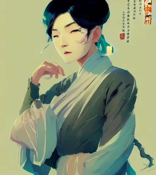 Image similar to portrait of a female immortal in amazing chinese dress 汉 服 by atey ghailan, by greg rutkowski, by greg tocchini, by james gilleard, by joe fenton, by kaethe butcher, dynamic lighting, gradient light blue, brown, blonde cream and white color scheme, grunge aesthetic