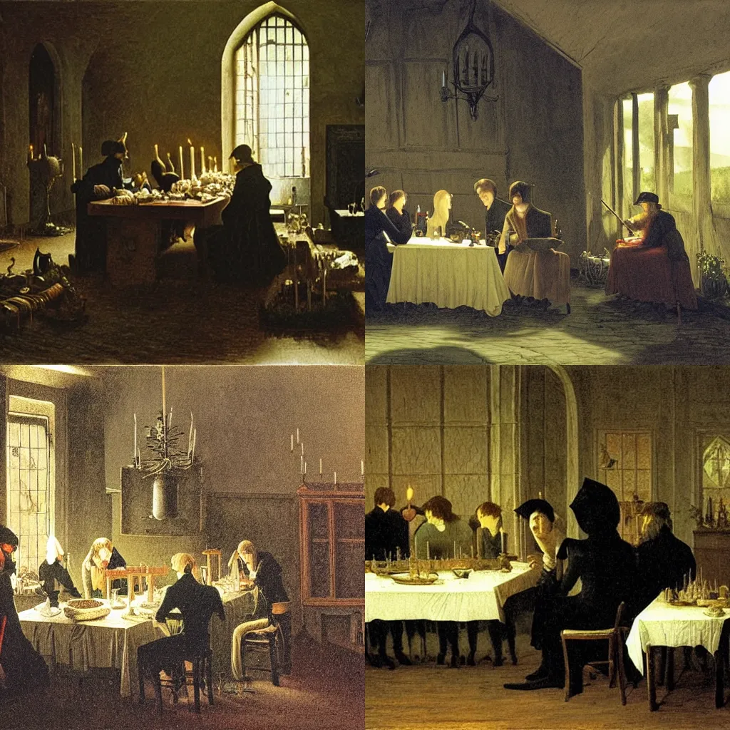 Prompt: Peasants eat a meal in a candlelit, gothic home, painting by Caspar David Friedrich